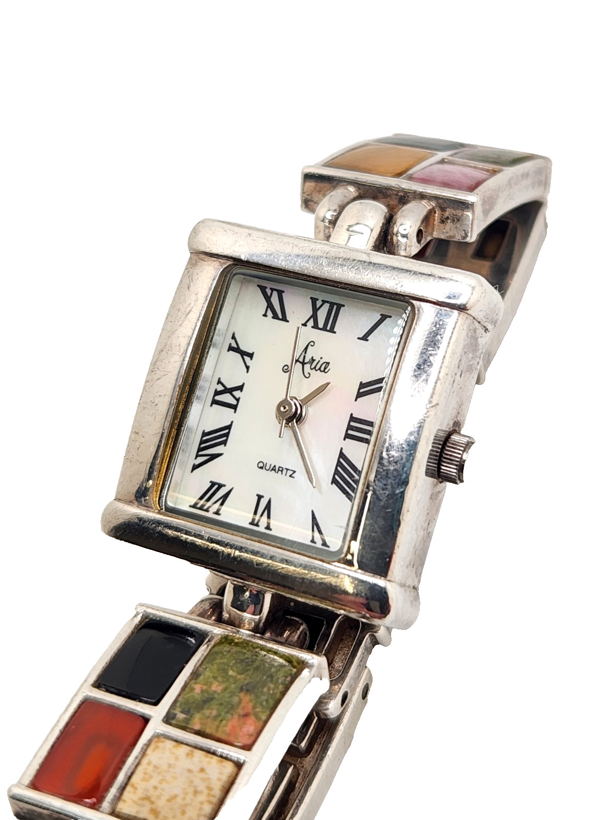 Aria Signed Sterling Silver Multi-Stone Women’s MOP Watch Bracelet Needs Battery