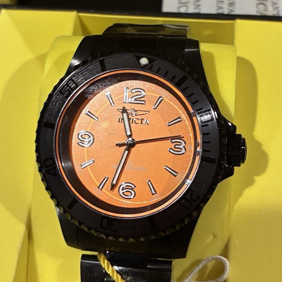 Invicta Specialty Men’s Quartz Watch Orange Dial Black Steel Bracelet 50m Box