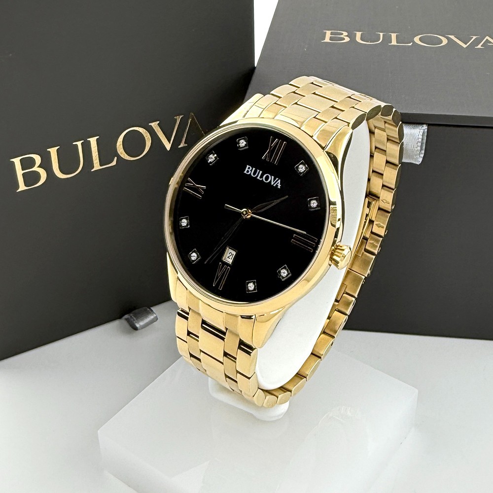 Men’s Bulova 97D108 Classic Diamond Quartz Gold Stainless Black Dial Watch 40mm