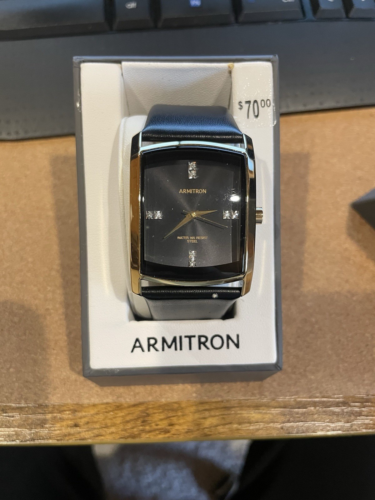 Armitron Men’s Wristwatch Rectangle Black Dial Gemstone Markers Leather Strap