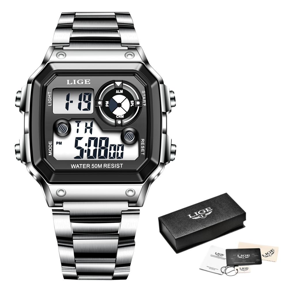 🔥Men Watch Stainless Steel Band Digital Luminous Waterproof Quartz Wristwatch