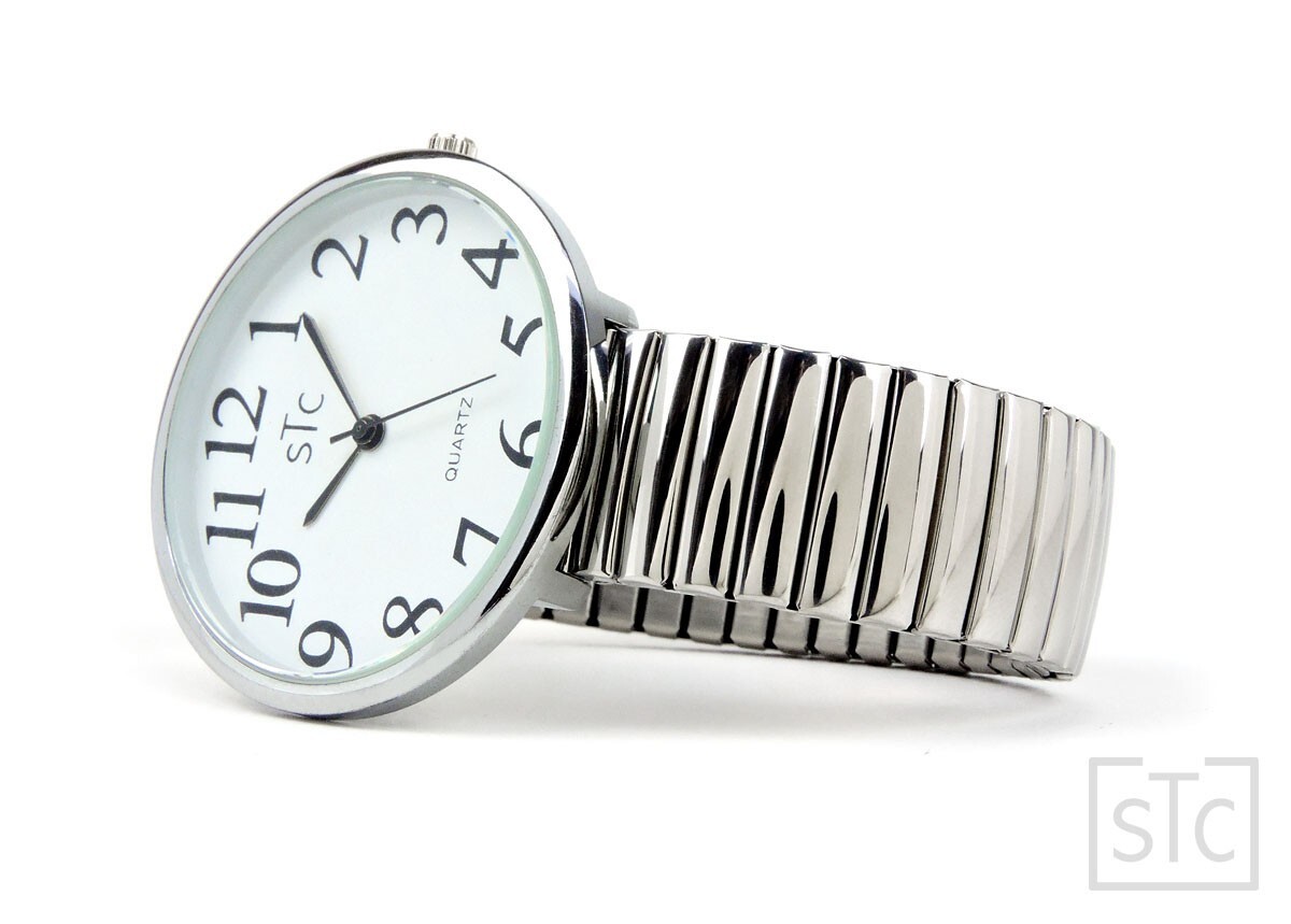 STC Silver Super Large Face Easy to Read Stretch Band Watch – New in Box