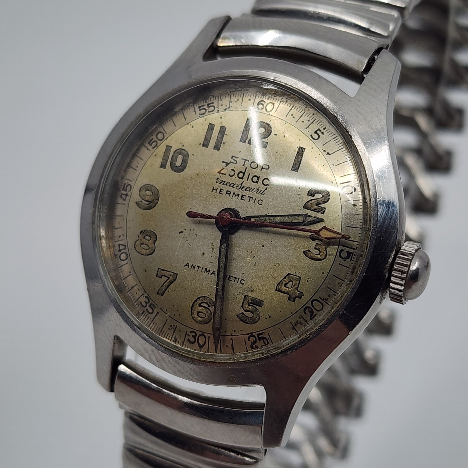 RARE Zodiac STOP Hermetic Manual Wind HACK Watch ALL ORIGINAL Steel Case 31mm