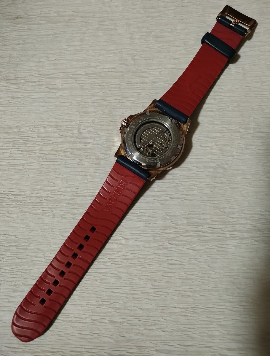 Working Bulova Marine Star Automatic 21 Jewels Rose Gold Navy Open Heart 98A227