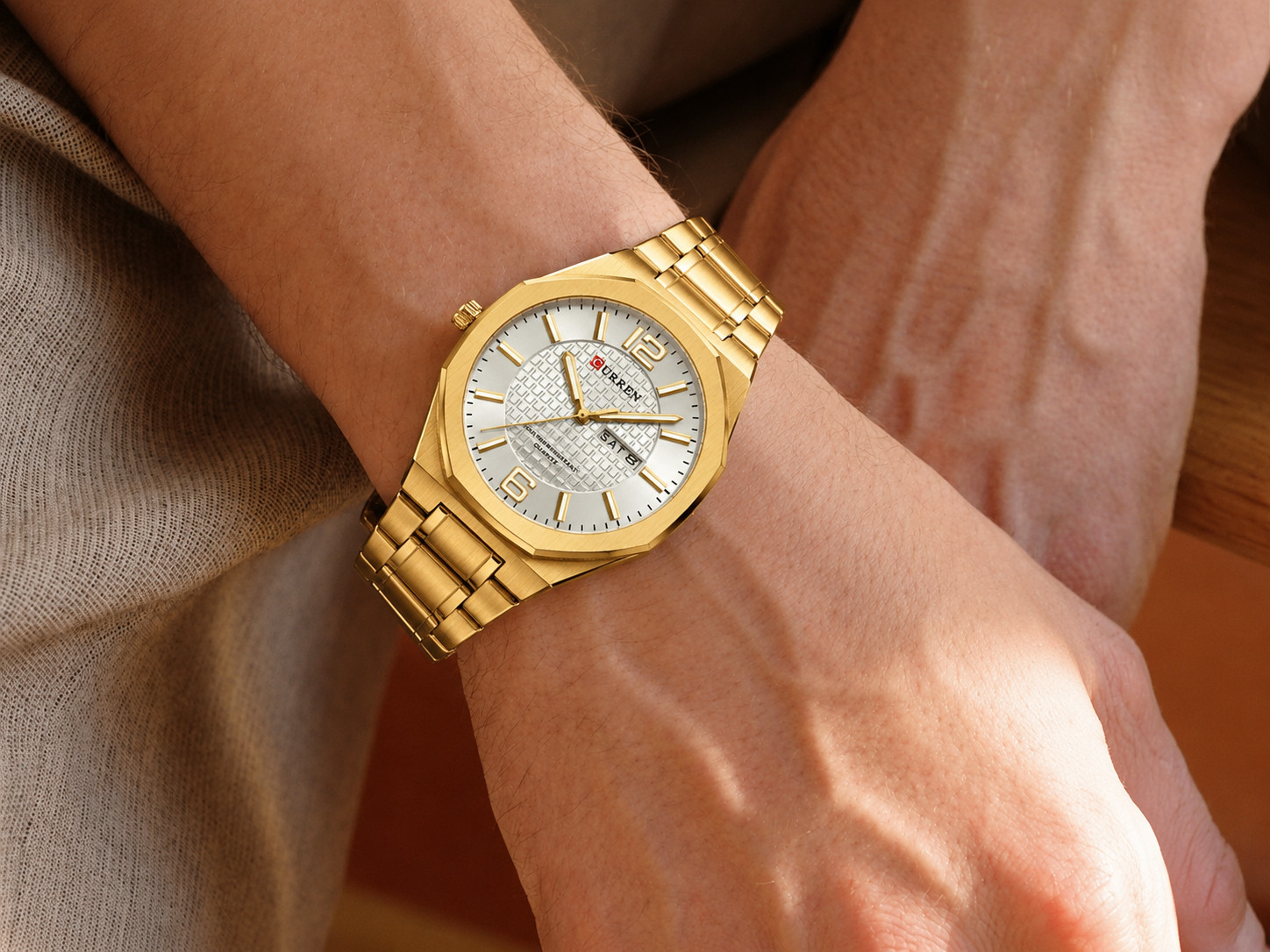 Men’s CURREN Octagon Watch Gold Tone Stainless Steel White Dial Quartz
