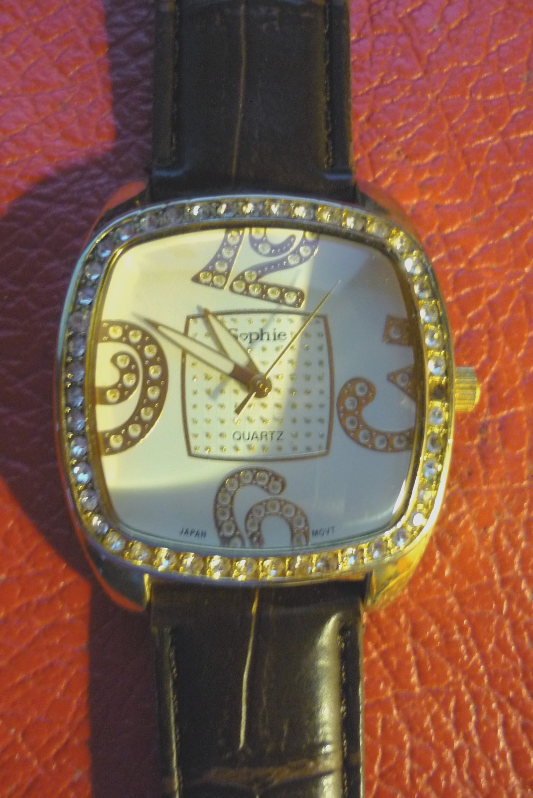 Vintage Sophie Quartz Watch Silver Tone Case Beige Band Rhinestone New Battery