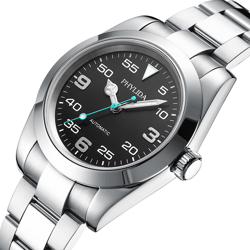PHYLIDA Pilot Watch 39mm – Sleek Black Dial, No Date, 3 Hands, 100M Waterproof