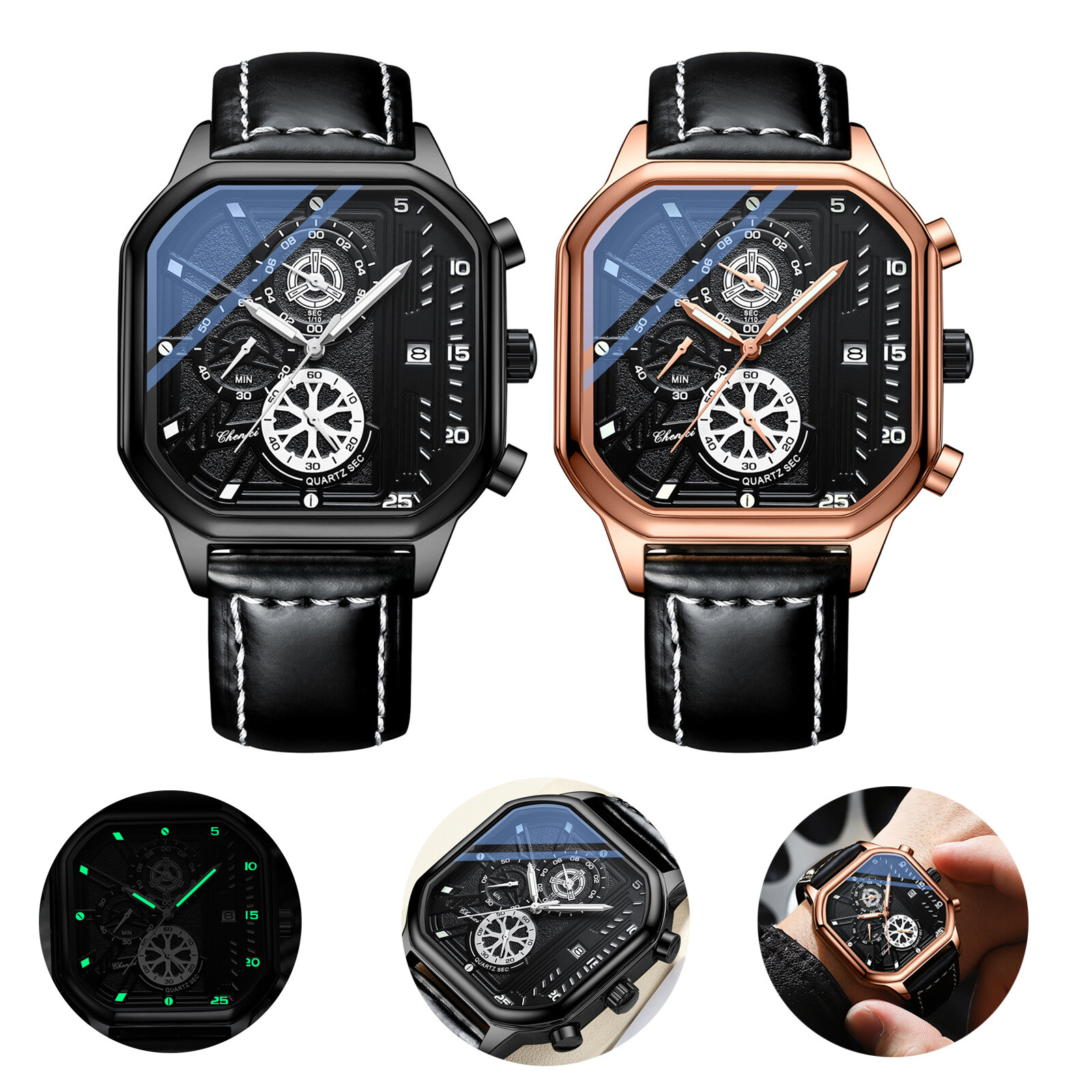 Men Punk Luminous Date Watch Black Genuine Leather Band Square Quartz Wristwatch