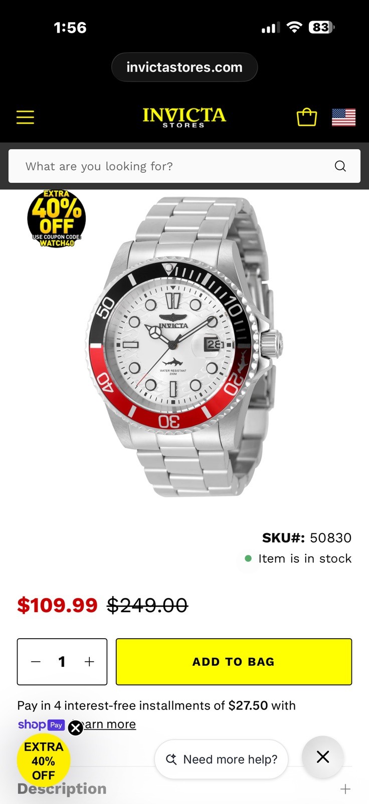 Invicta Pro Diver Isobar Men’s Watch 42mm Steel Silver Dial Red/Black 50830