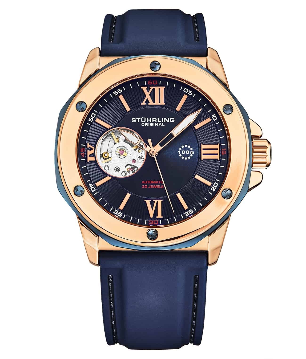 Stuhrling 4018 3 Edwardian Automatic Skeleton Blue Rose Silicone Mens Watch