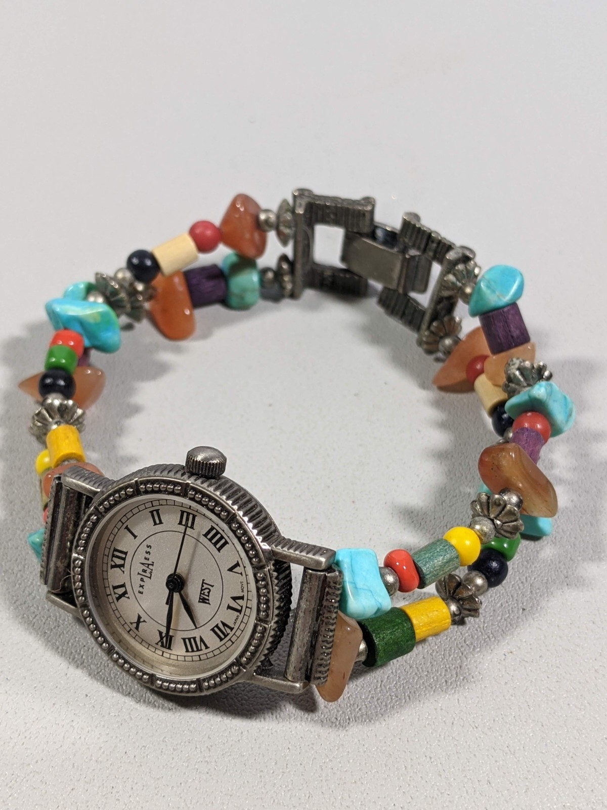 LA Access Round Silver Tone Case 23 mm Natural Colorful Stone Bracelet Bnd Watch