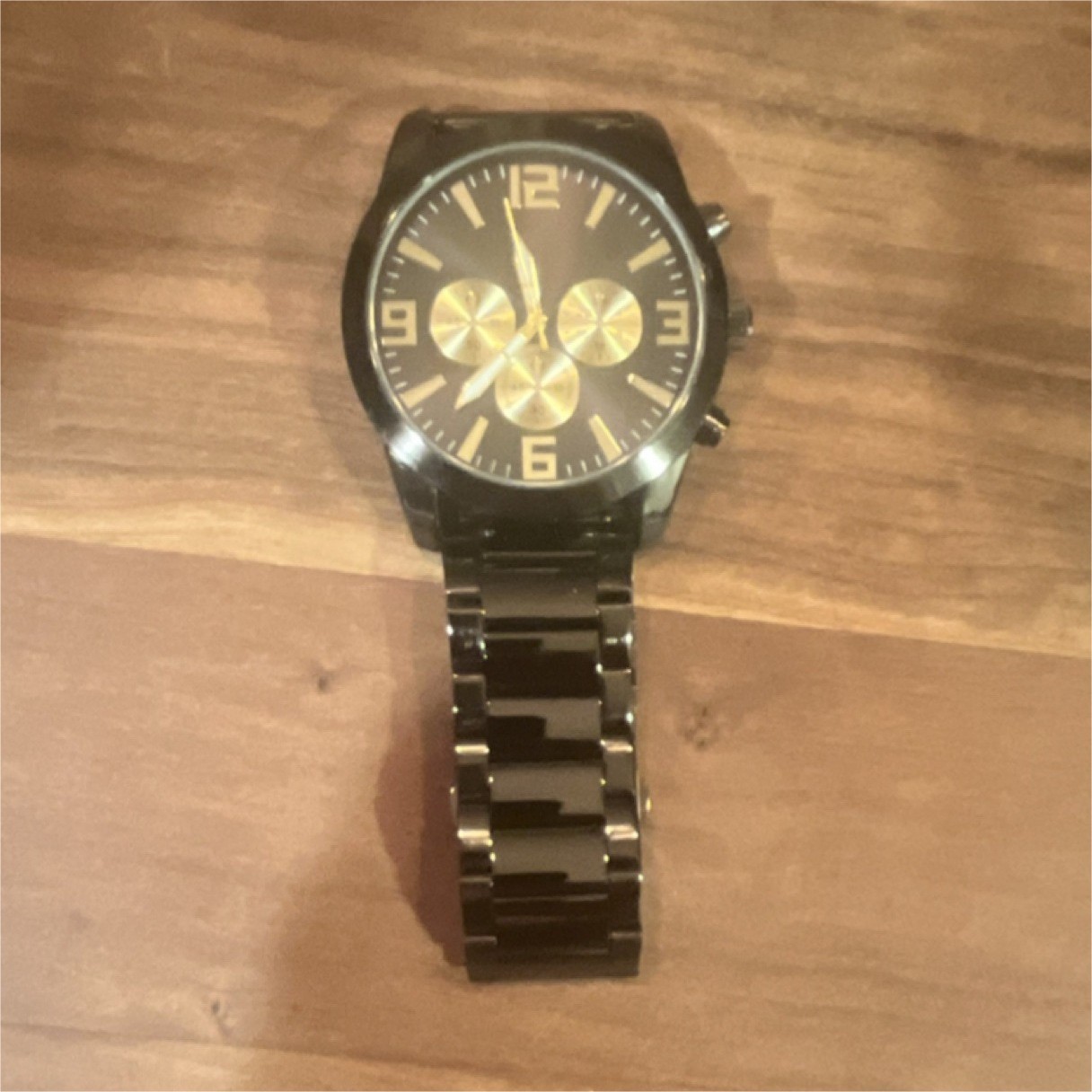 Men’s Black Chronograph Wristwatch Gold Accents Metal Bracelet Analog Dress