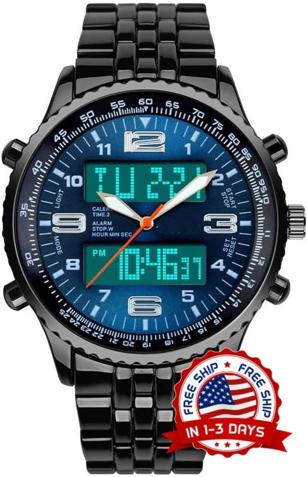 Reloj Digital y Analógico de Lujo para Hombres, de Acero Inoxidable,para Deport