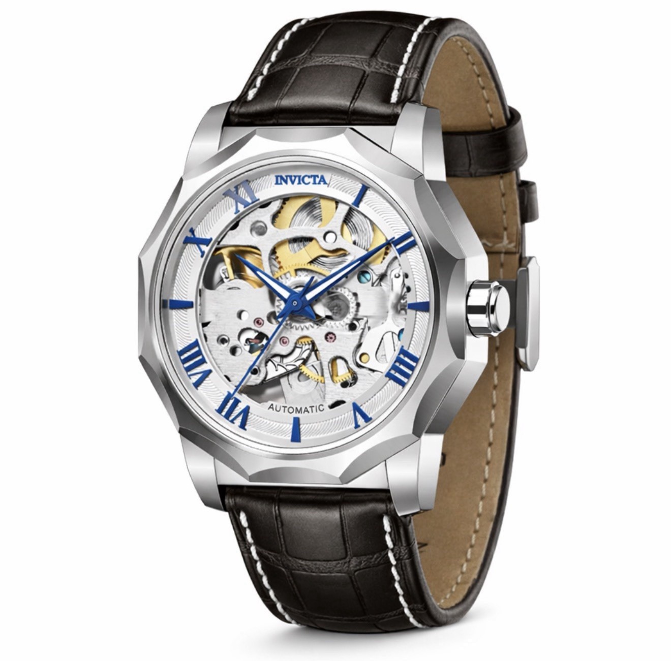 NEW INVICTA 69127 OBJET D ART SKELETON AUTOMATIC WATCH ANALOG LEATHER 42MM