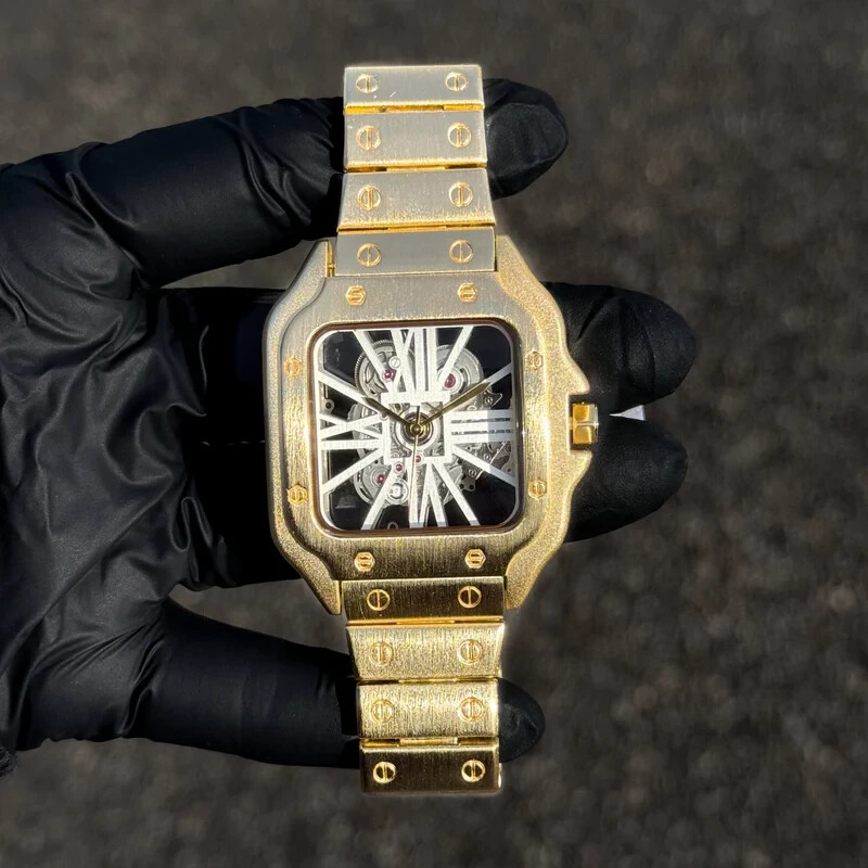 MEN’S METAL BAND LUXURY WATCH SKELECTON DIAL SQUARE BLING GOLD/SILVER/ROSE GOLD