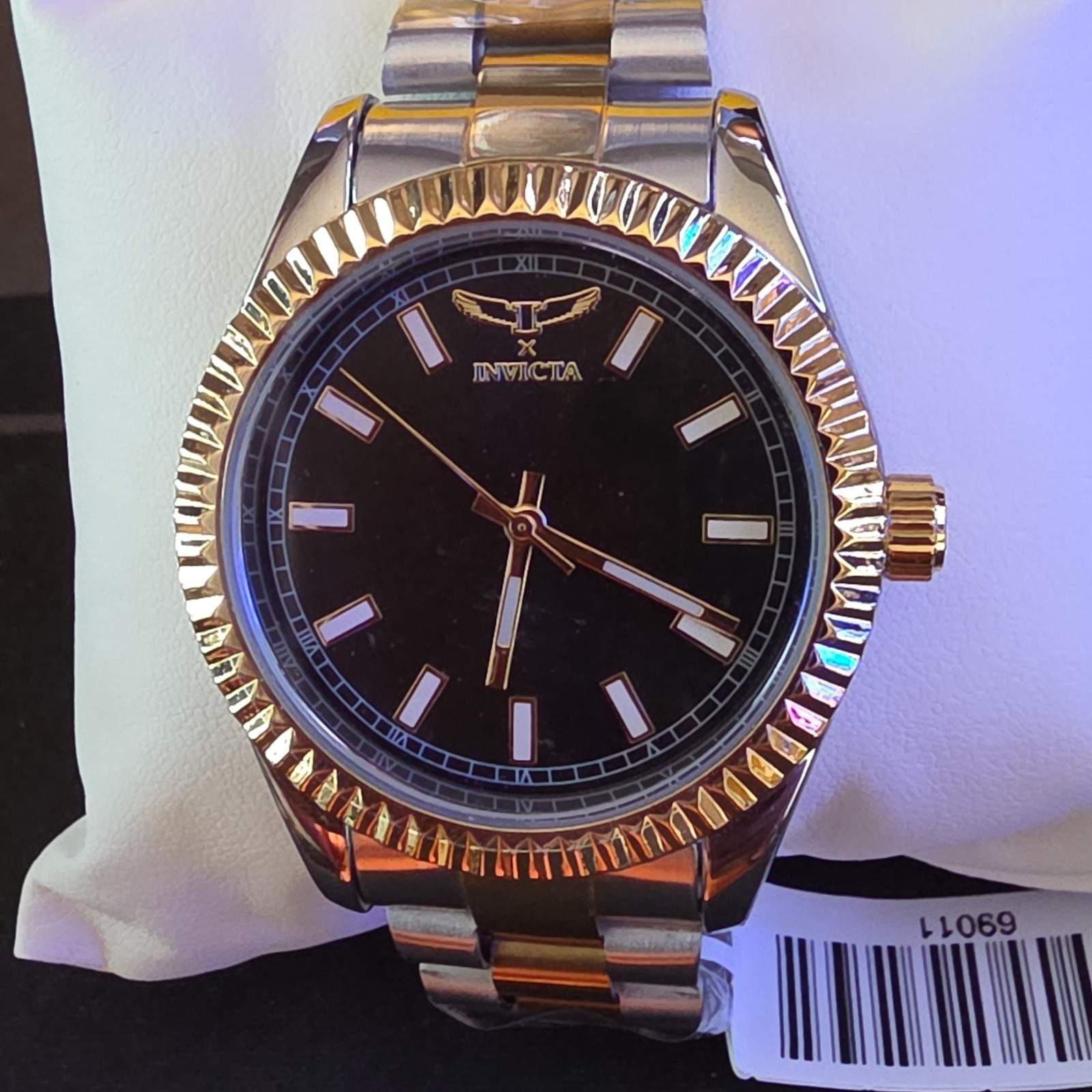 Invicta Men’s Quartz Analog Watch Black Dial Two-Tone SS Bracelet Fluted Bezel