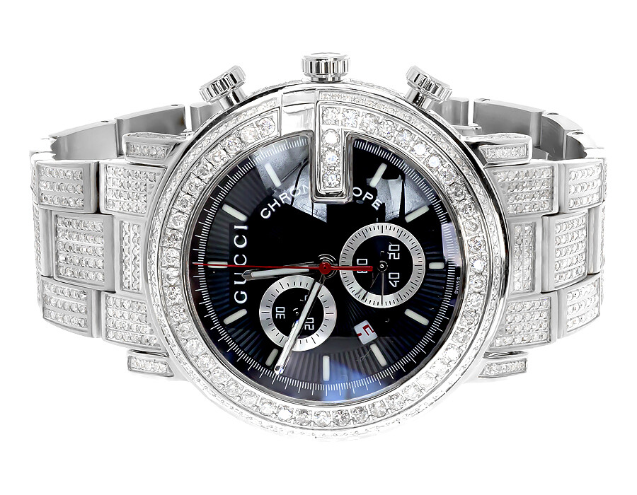 Custom Mens White PVD 101 G Real 44 MM Full Diamond Gucci Ya101334 Watch 10.0 Ct