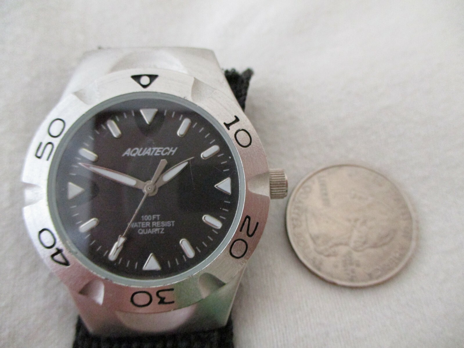 Aquatech Watch Black Hook & Loop Band Round Face Silver Toned WR 100FT