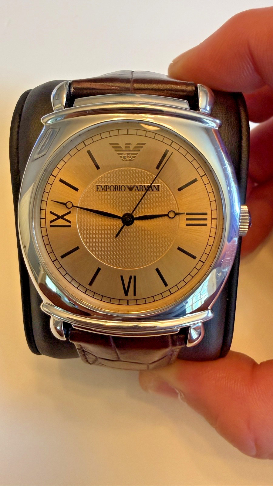Emporio Armani AR0264 Champagne Dial, Guilloché, Roman Dial, Leather Strap -MINT