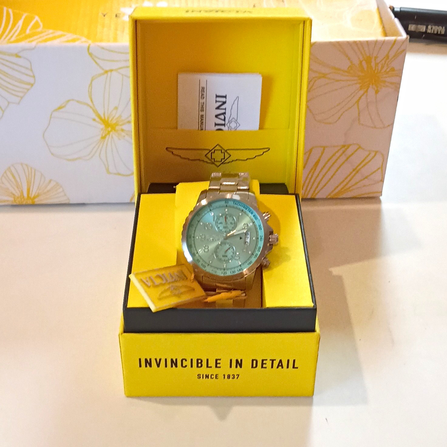 Invicta Chronograph Gold Tone Bracelet Blue Tachymeter Light Blue Dial Box