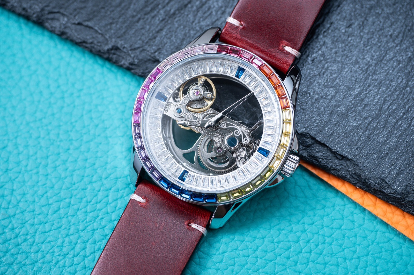 Mens Silver Automatic Mechanical Watch Bridge Rainbow Cubic Oil Waxed Dark Red