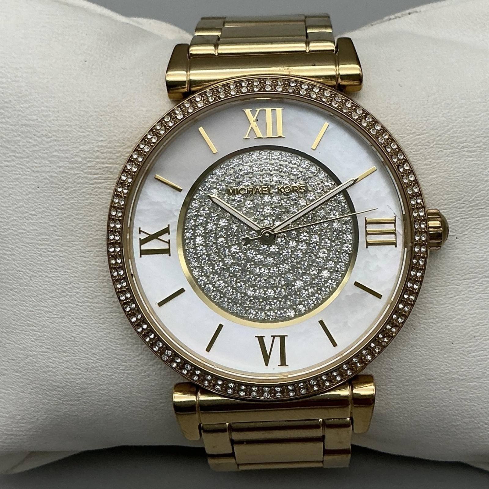Michael Kors Catlin MK-3332 Womens Watch 37mm Gold Tone Crystals New Battery 6″