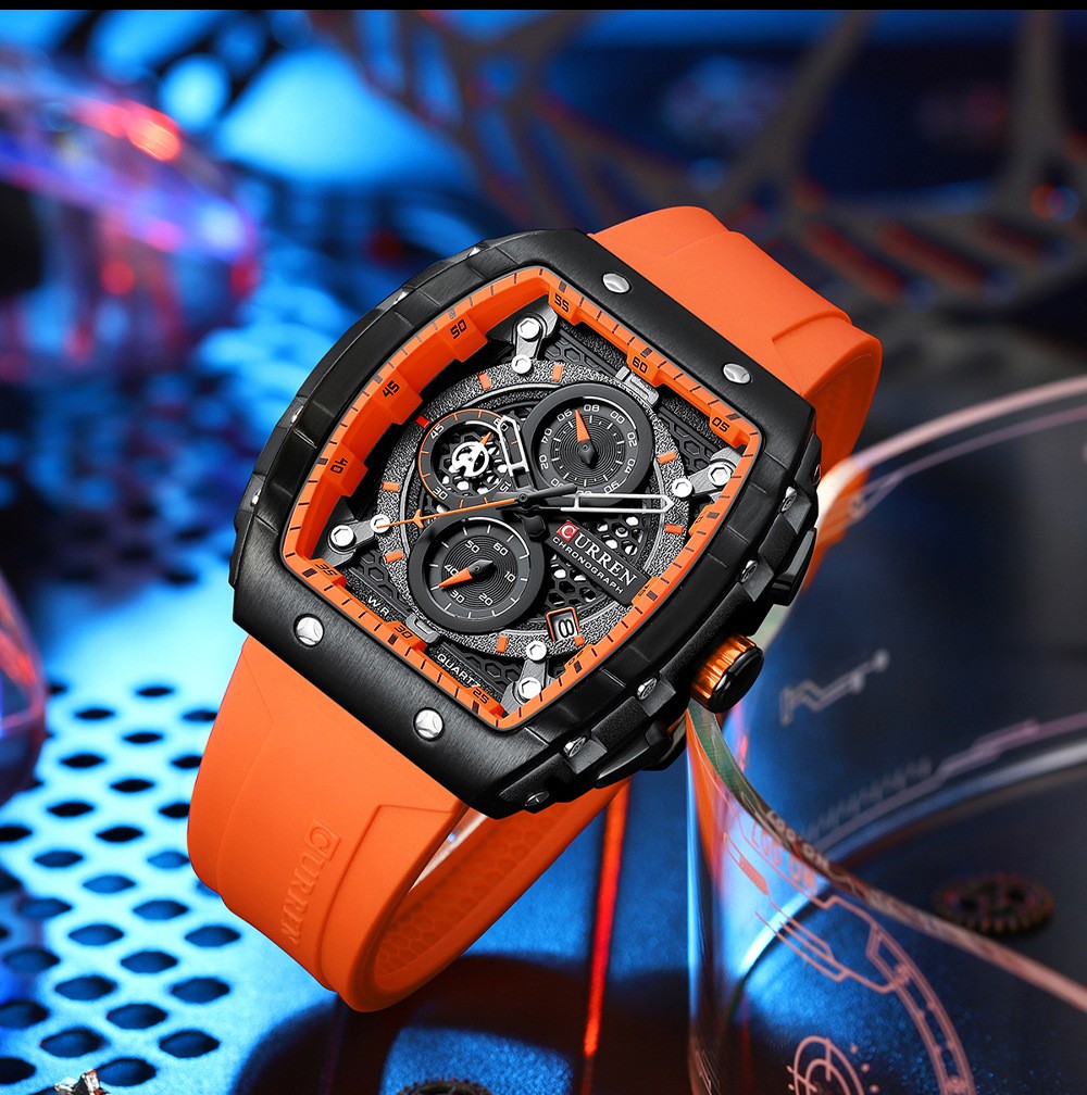 CURREN Men Sport Watch Rectangular Large Dial Hollow Skeleton Leather Waterproof