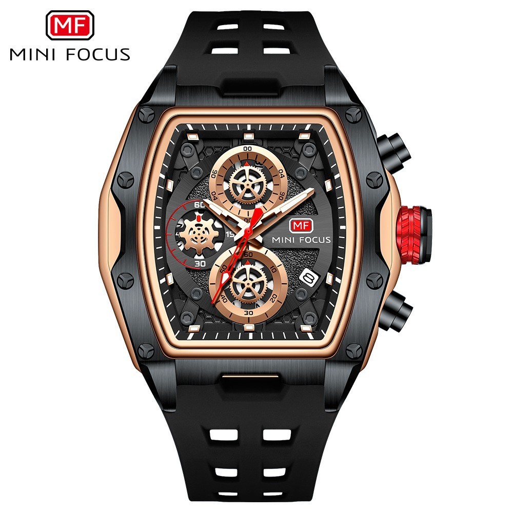 MINI FOCUS Men Tonneau Skeleton Multifunction Chronograph Calendar Quartz Watch