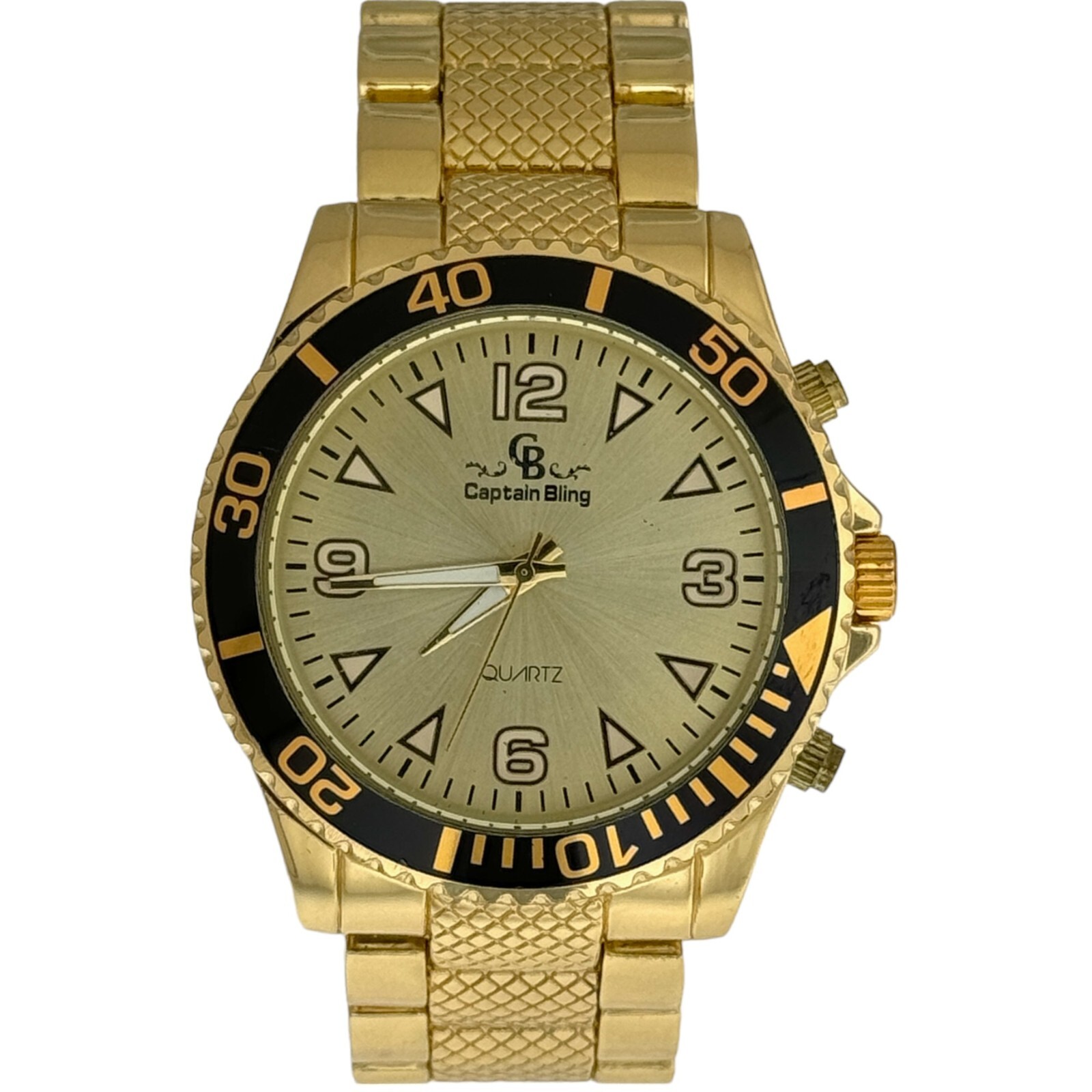 Captain Bling Gold Stainless Steel Watch: Gold Dial with Rotating Black Bezel