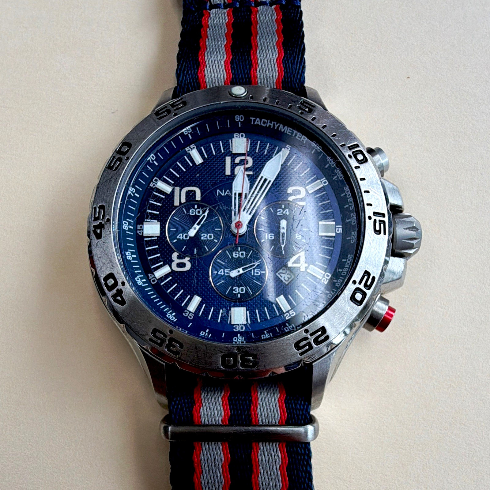 Nautica Men’s Quartz Analog Chronograph Tachymeter Date Blue Dial 45mm 100m