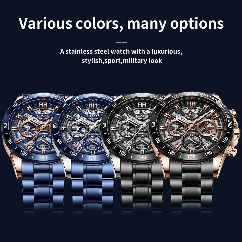LIGE Men Watch Quartz Mechanical Date 3ATM Waterproof Stainless Steel Wristwatch