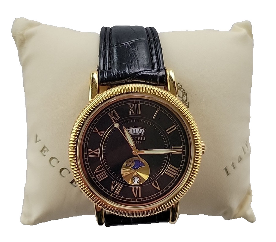 Vecceli Italy Genuine Leather Quartz Analog Men’s Watch & Original Case New