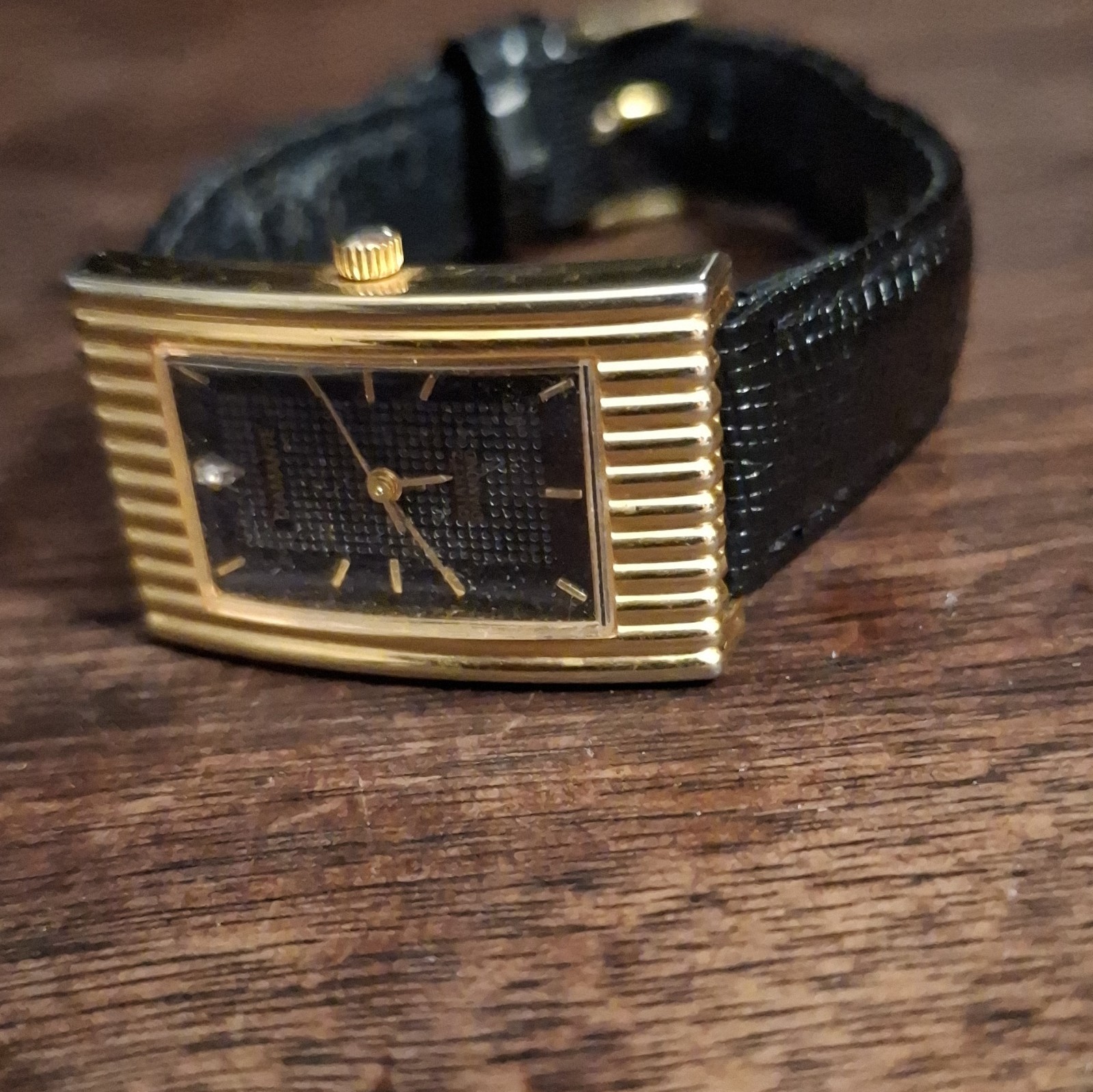 Diamante Quartz Diamond Rectangle Watch Blue Dial, Gold, Black Leather