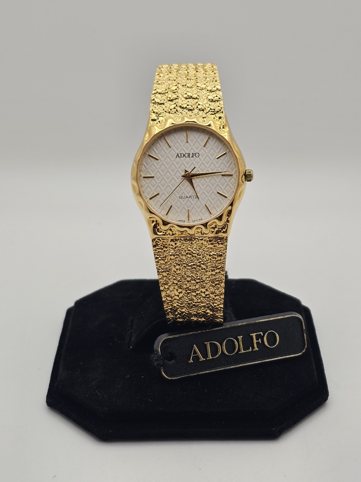 Vintage 1992 Adolfo Mens Goldtone Nugget Analog Quartz Watch Basket Weave Dial🔥