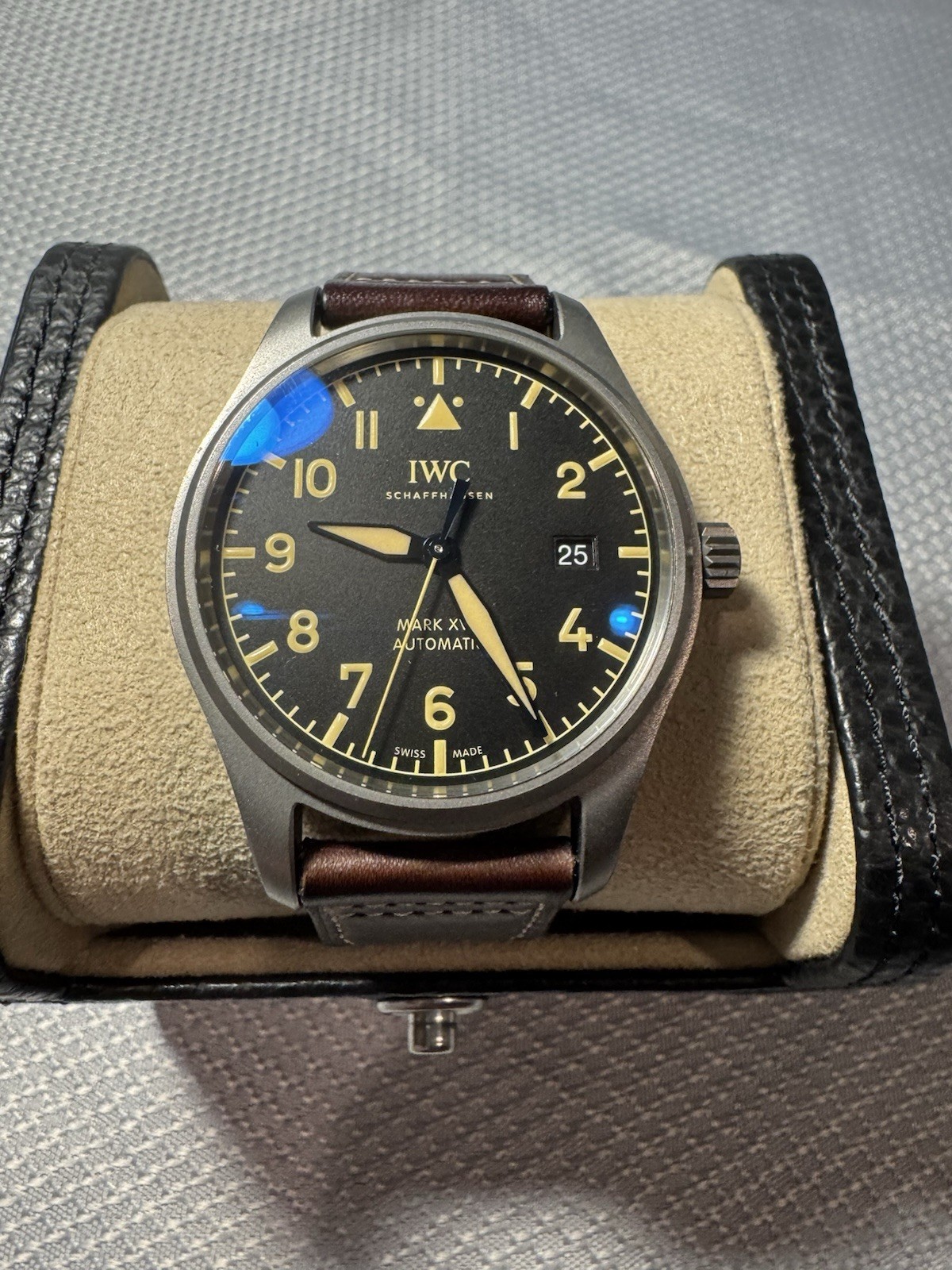 IWC Pilot’s Watch Mark XVIII Titanium Black Dial Date Brown Leather Strap