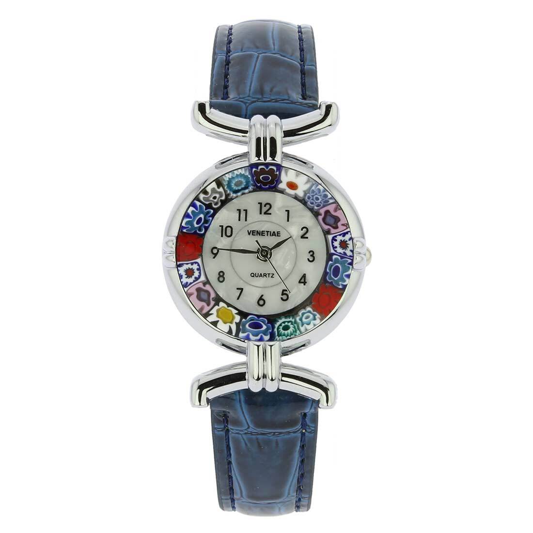 GlassOfVenice Murano Glass Millefiori Watch with Leather Band – Blue Multicolor