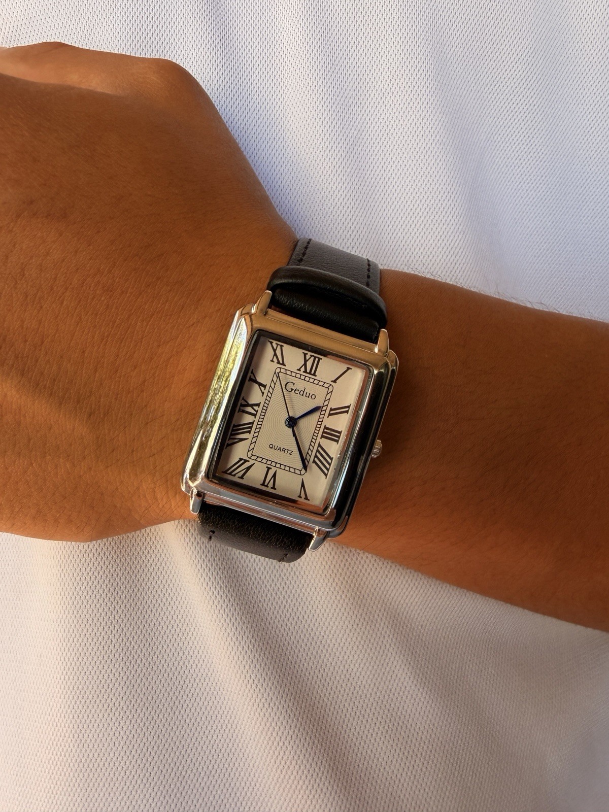 Geduo Quartz Rectangle Watch Roman Dial White Face Silver Case Black Leather