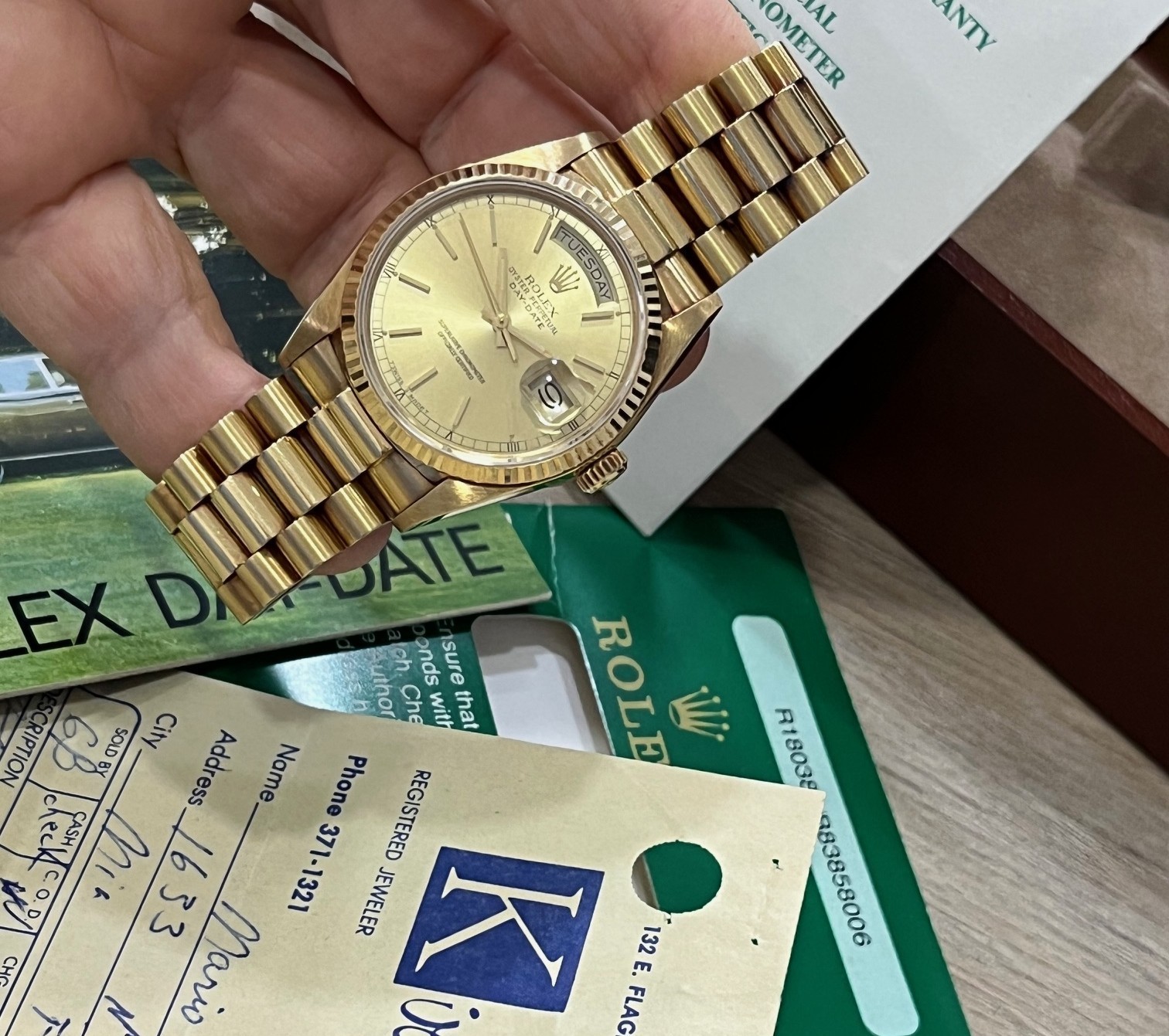 ROLEX DAY-DATE Ref: 18038 18K YELLOW GOLD UNPOLISHED WITH BOX AND PAPERS