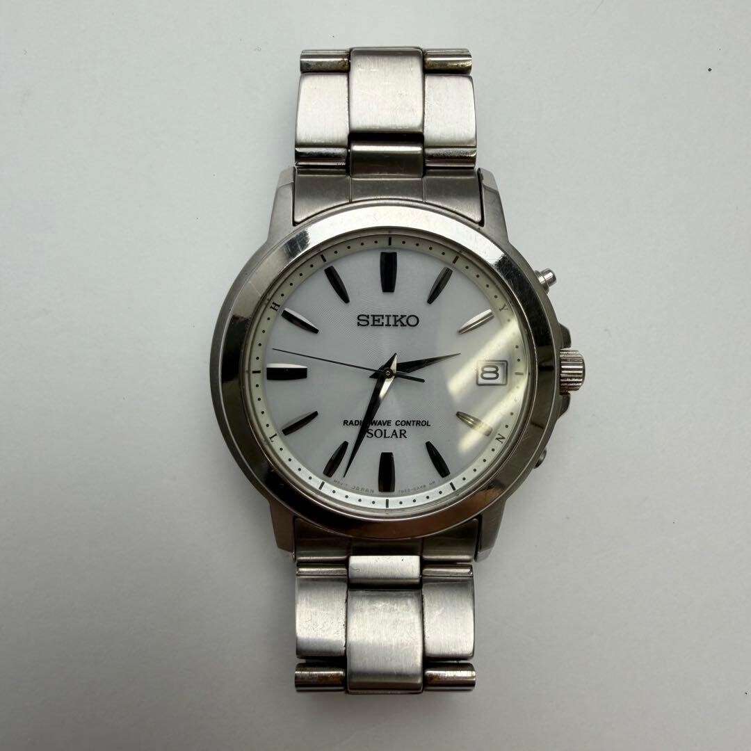 Seiko Solar Radio Wave Men’s Dress Watch Silver Quartz 7B52 0AF0 Japan Made