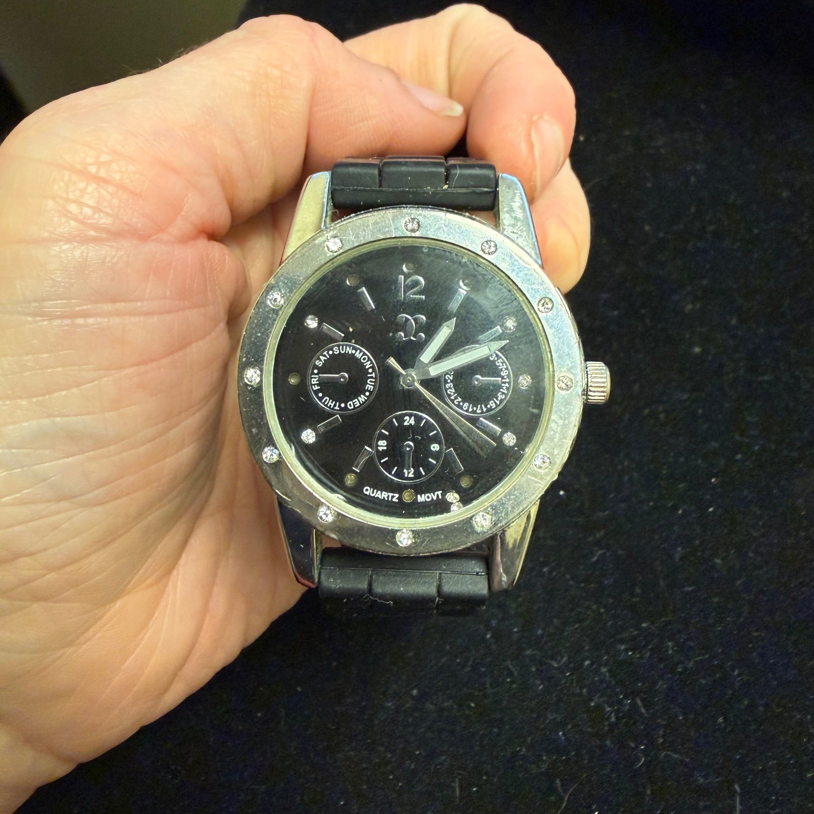 Quartz Multi-Function Watch Black Dial Crystal Bezel Black Rubber Strap No. 2201