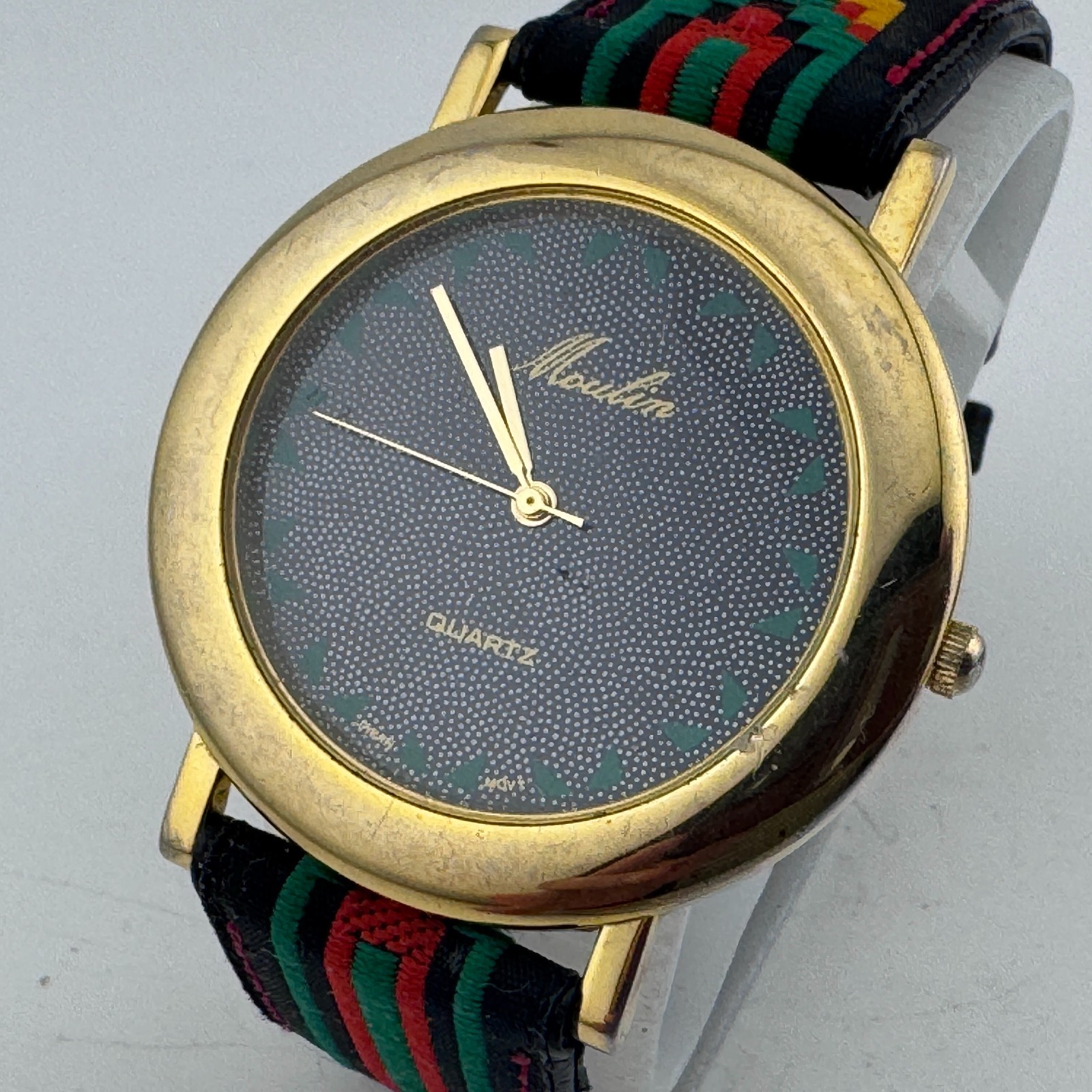 VTG Moulin Quartz Watch Men 40mm Gold Tone Color Fabric Leather Analog New Batte