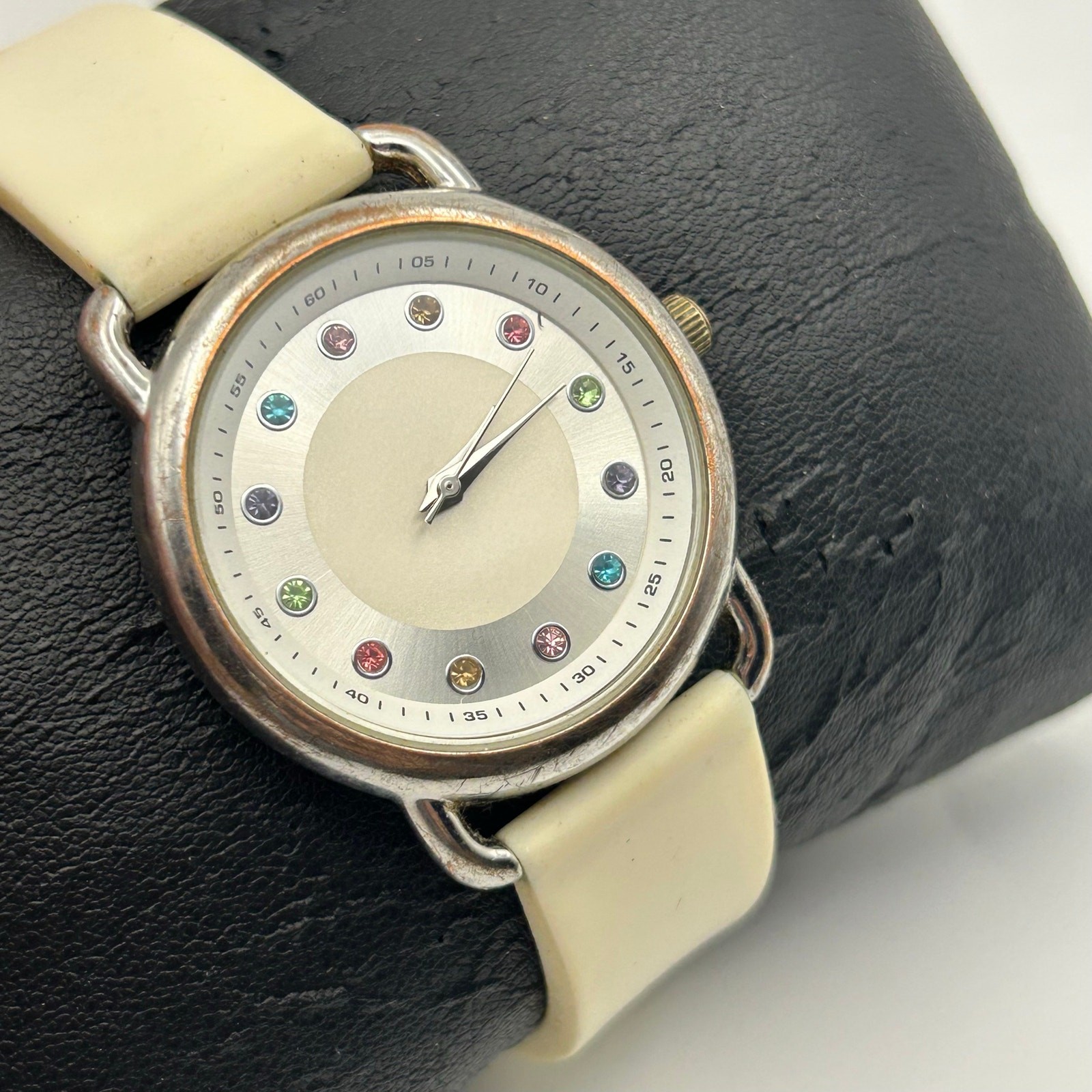 FMD Silver-tone Multi-colored Crystal Dial White Silicon Band Watch New Battery