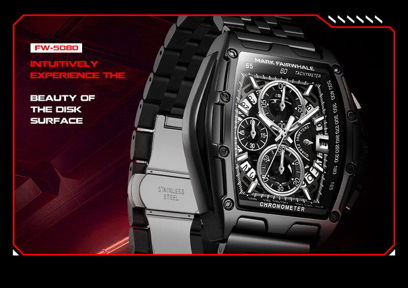 MARK FAIRWHALE Tonneau Multifunction Chronograph Calendar Luminous Quartz Watch
