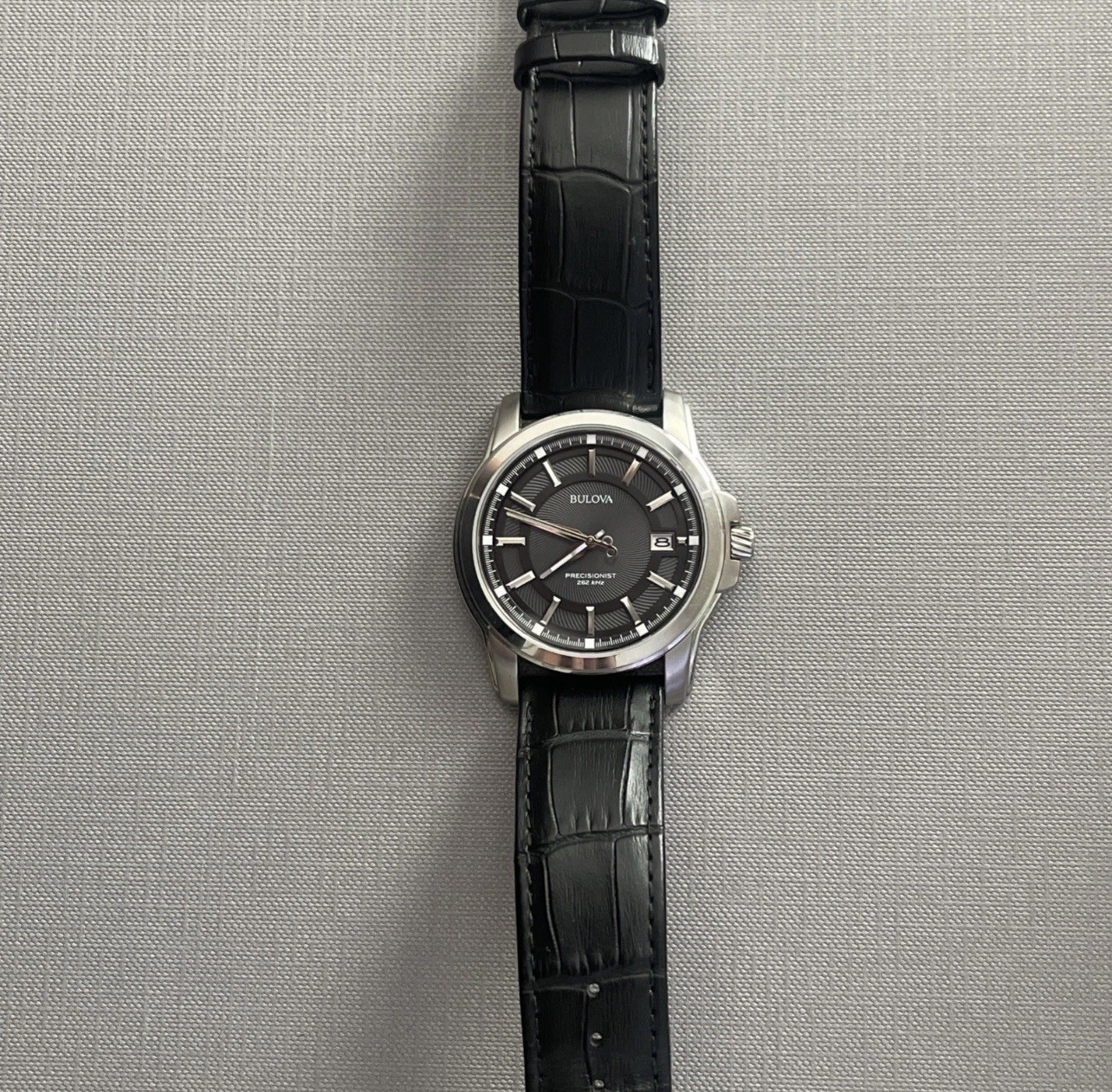 Bulova Precisionist Gray Dial Silver Tone Black Leather Band Men’s Watch 96B158