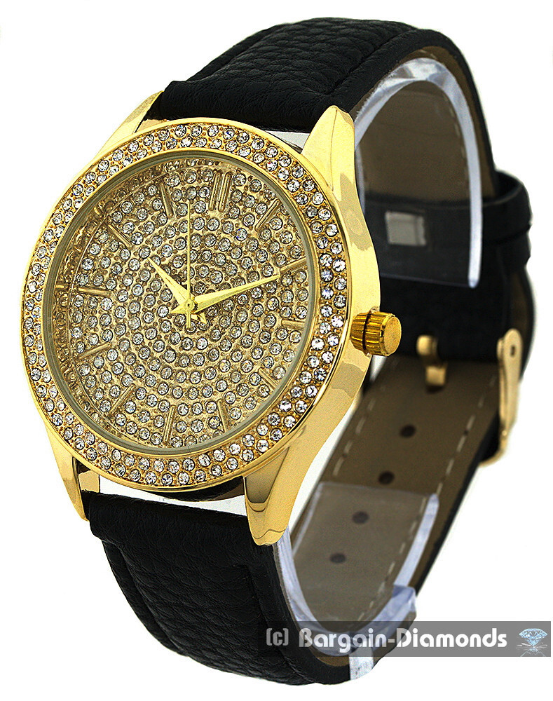 Mens 40 mm Gold-CZ Dial/Bezel Clubbing Watch Black Leatherette 7″-8.5″ Wrists