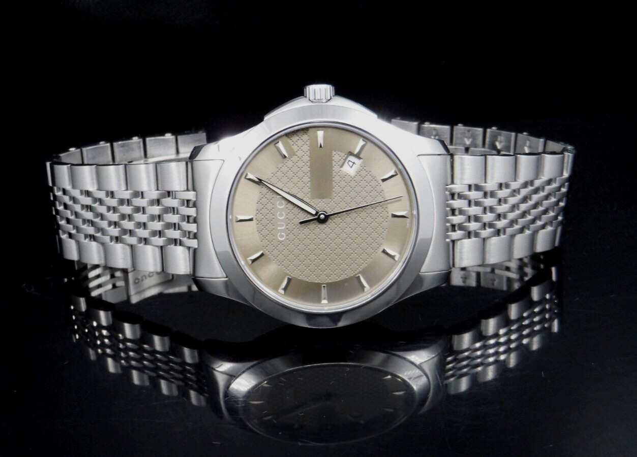 GUCCI YA126406 Brown Dial G Timeless Date 126.4 Series Silver Tone Men’s Watch