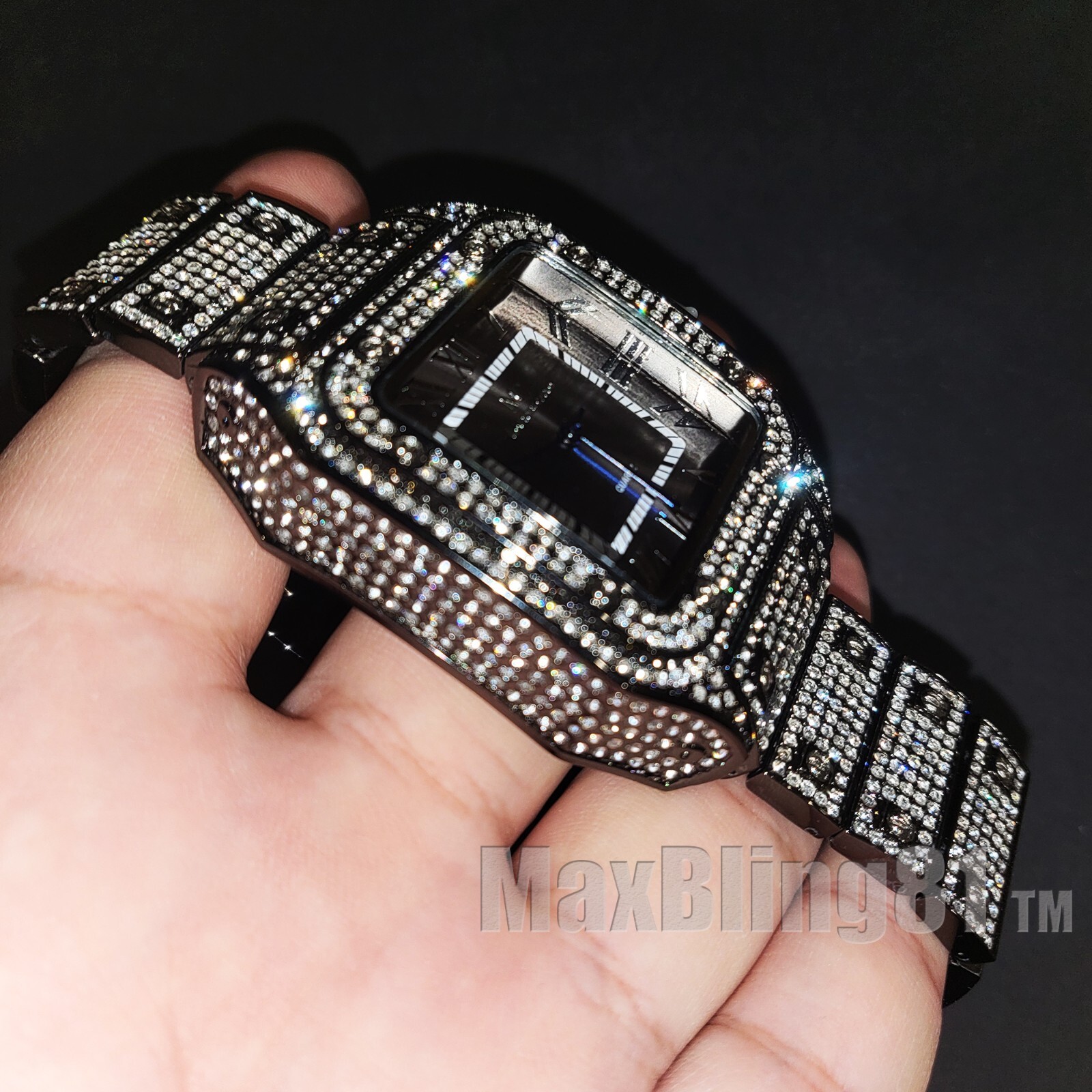 Men Luxury Iced Simulated Diamond Square Bracelet Metal Black Dress Watch