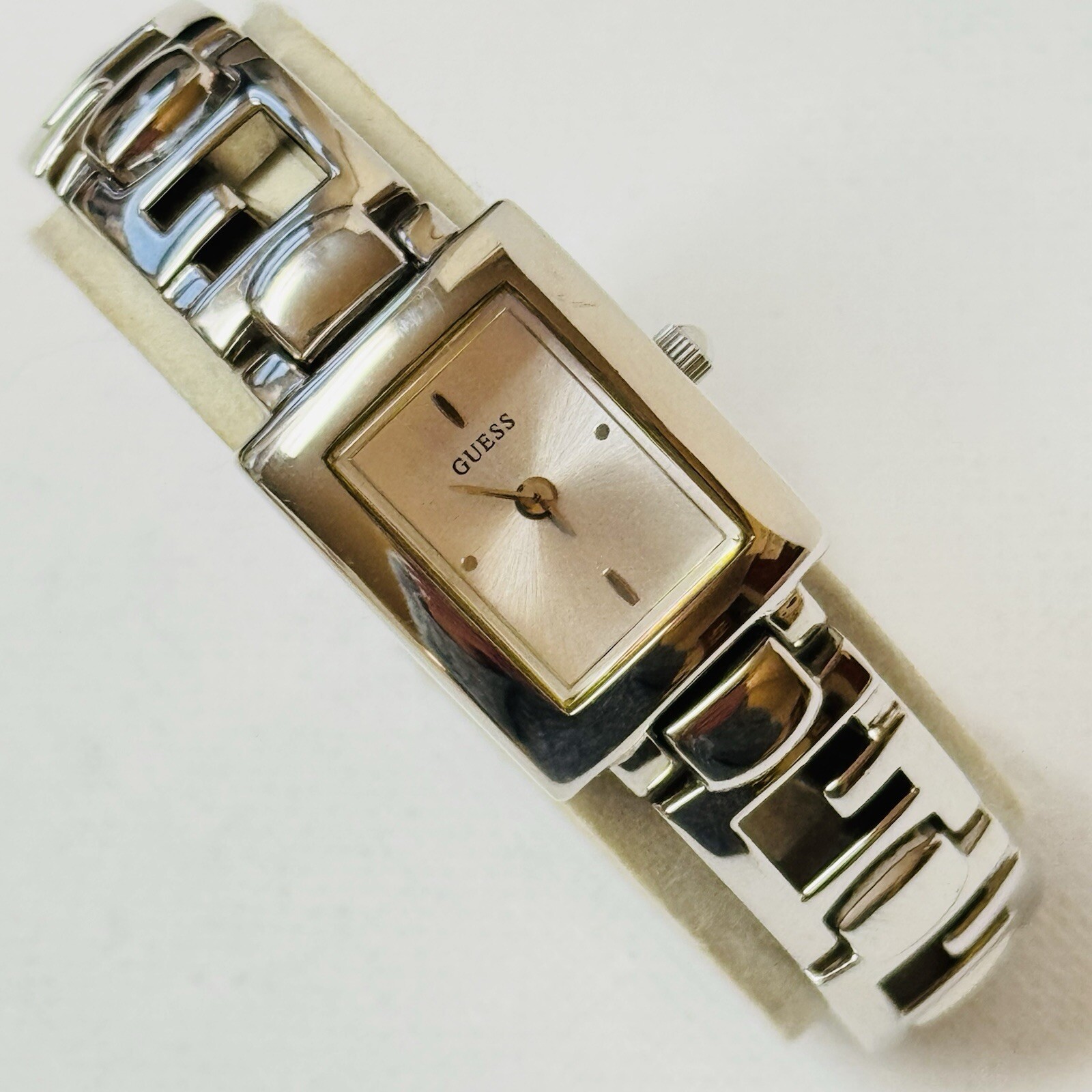 Vintage Guess Women’s 6″ MAX! Tank Watch Silver Dial Logo Bracelet G65096L