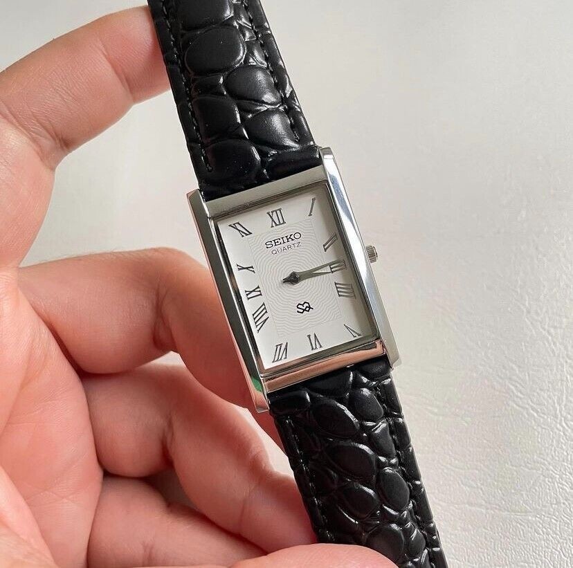 Vintage Seiko Slim Tank Quartz Men White Dial Dress Watch-Free DDP Shipping