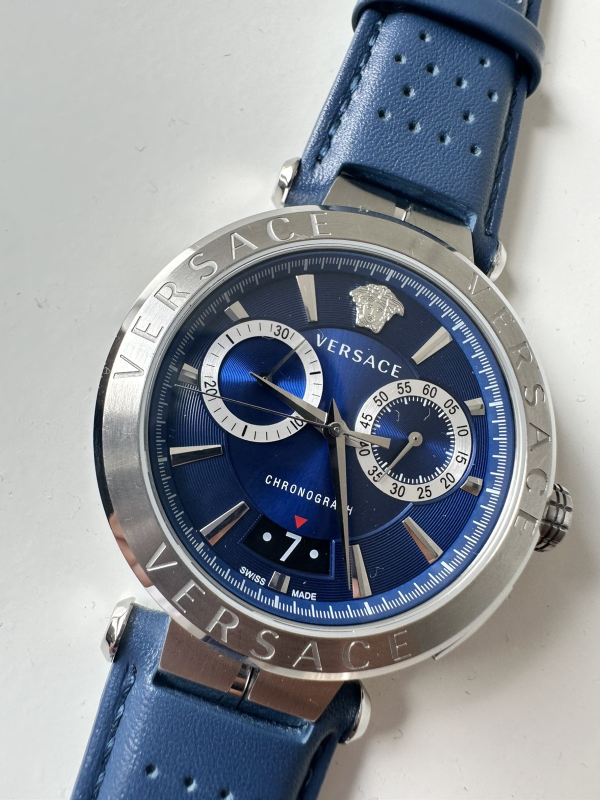 Versace Aion (VE1D) Chronograph for Men – Blue Dial Blue Strap – 45mm, 5ATM